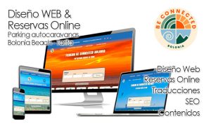 Proyecto de diseño web con central de reservas online para parking de campers en playa de Bolonia en Tarifa. Traducción a 3 idiomas.